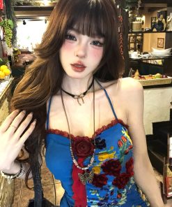 Blue Dye French Lace Halter Floral Camisole Women's Summer Waist-Cinching Slim Short Top - Y2K Style