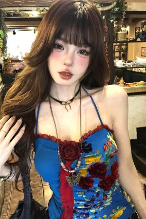 Blue Dye French Lace Halter Floral Camisole Women's Summer Waist-Cinching Slim Short Top - Y2K Style