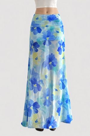Blue Floral Fitted Mermaid Long Skirt - Maldives Vacation Style, Summer Fashion, Beach Ready, Tropical Vibes