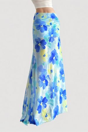 Blue Floral Fitted Mermaid Long Skirt - Maldives Vacation Style, Summer Fashion, Beach Ready, Tropical Vibes