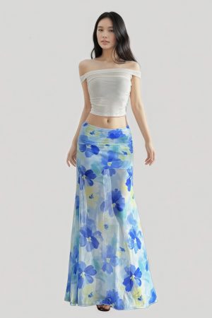 Blue Floral Fitted Mermaid Long Skirt - Maldives Vacation Style, Summer Fashion, Beach Ready, Tropical Vibes