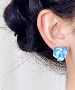 Blue Floral Oil Painting Stud Earrings for Summer - Exquisite Vacation Style Ear Accessories with Fresh Temperament