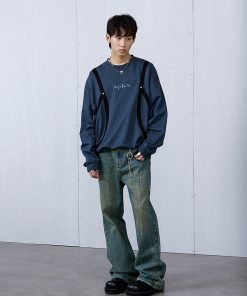 Blue-Gray Purple Striped Structure Hoodie - Trendy 90s Inspired Fashion with Stylish Detail