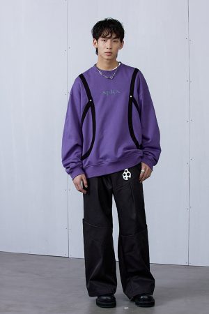 Blue-Gray Purple Striped Structure Hoodie - Trendy 90s Inspired Fashion with Stylish Detail