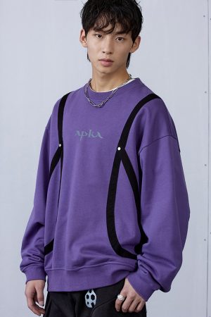 Blue-Gray Purple Striped Structure Hoodie - Trendy 90s Inspired Fashion with Stylish Detail