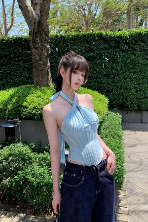 Blue Halter Fishbone Design Sexy Crop Top - Vacation Waist-Cinching Sleeveless Vest for Women, Y2K Inspired Fashion