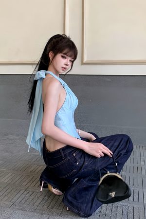 Blue Halter Fishbone Design Sexy Crop Top - Vacation Waist-Cinching Sleeveless Vest for Women, Y2K Inspired Fashion