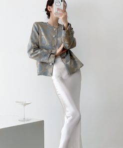 Blue Jacquard Coat for Women, Chinese Style High-End Casual Top, Round Neck Design for Spring and Autumn Fashion