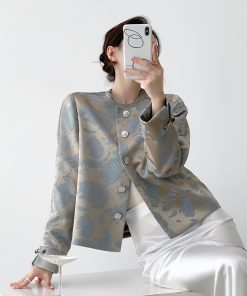 Blue Jacquard Coat for Women, Chinese Style High-End Casual Top, Round Neck Design for Spring and Autumn Fashion