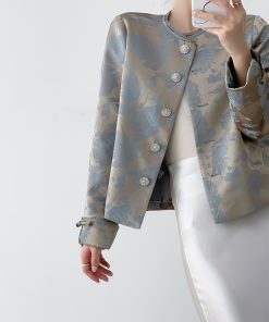 Blue Jacquard Coat for Women, Chinese Style High-End Casual Top, Round Neck Design for Spring and Autumn Fashion