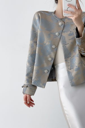 Blue Jacquard Coat for Women, Chinese Style High-End Casual Top, Round Neck Design for Spring and Autumn Fashion