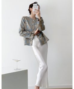 Blue Jacquard Coat for Women, Chinese Style High-End Casual Top, Round Neck Design for Spring and Autumn Fashion