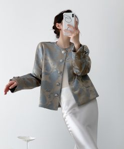 Blue Jacquard Coat for Women, Chinese Style High-End Casual Top, Round Neck Design for Spring and Autumn Fashion