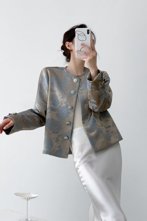Blue Jacquard Coat for Women, Chinese Style High-End Casual Top, Round Neck Design for Spring and Autumn Fashion