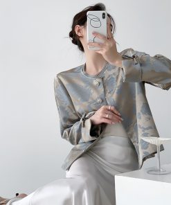 Blue Jacquard Coat for Women, Chinese Style High-End Casual Top, Round Neck Design for Spring and Autumn Fashion