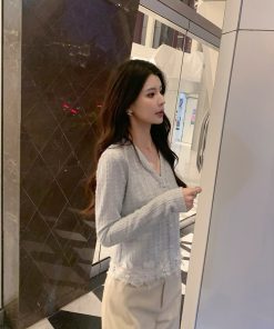 Blue Knitted Shirt Women's Heavy Craft Elegant Cardigan Top - Sea Salt Special Blend, Trendy Y2K Style, Perfect for Layering