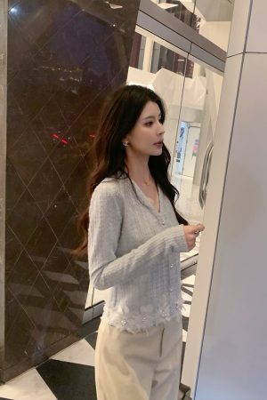 Blue Knitted Shirt Women's Heavy Craft Elegant Cardigan Top - Sea Salt Special Blend, Trendy Y2K Style, Perfect for Layering