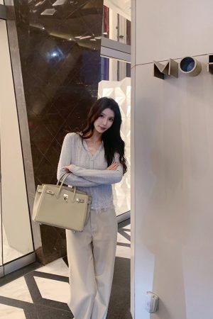 Blue Knitted Shirt Women's Heavy Craft Elegant Cardigan Top - Sea Salt Special Blend, Trendy Y2K Style, Perfect for Layering