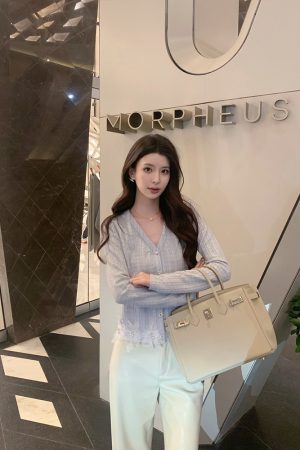 Blue Knitted Shirt Women's Heavy Craft Elegant Cardigan Top - Sea Salt Special Blend, Trendy Y2K Style, Perfect for Layering