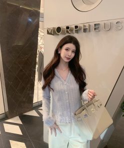 Blue Knitted Shirt Women's Heavy Craft Elegant Cardigan Top - Sea Salt Special Blend, Trendy Y2K Style, Perfect for Layering