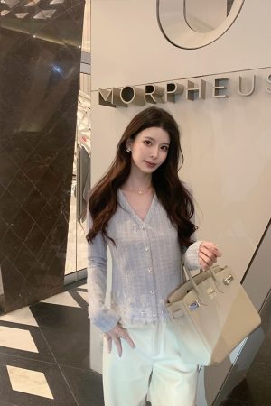 Blue Knitted Shirt Women's Heavy Craft Elegant Cardigan Top - Sea Salt Special Blend, Trendy Y2K Style, Perfect for Layering