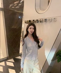 Blue Knitted Shirt Women's Heavy Craft Elegant Cardigan Top - Sea Salt Special Blend, Trendy Y2K Style, Perfect for Layering