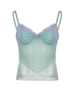 Blue Lace Irregular V-Neck Camisole - Sheer Backless Top for Seaside Style, Sexy Mesh Design, Perfect for Summer Outfits