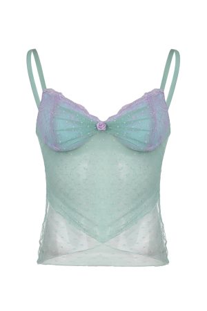 Blue Lace Irregular V-Neck Camisole - Sheer Backless Top for Seaside Style, Sexy Mesh Design, Perfect for Summer Outfits