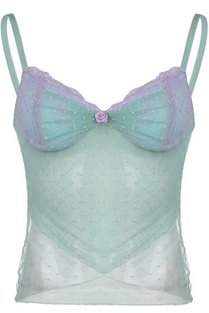 Blue Lace Irregular V-Neck Camisole - Sheer Backless Top for Seaside Style, Sexy Mesh Design, Perfect for Summer Outfits