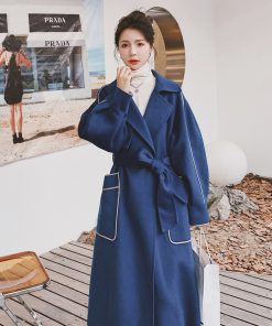 Blue Mid-Length Woolen Coat for Women, Slimming Hepburn Style for Petite Figures, Autumn Winter 2025 Fashion