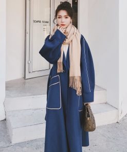 Blue Mid-Length Woolen Coat for Women, Slimming Hepburn Style for Petite Figures, Autumn Winter 2025 Fashion