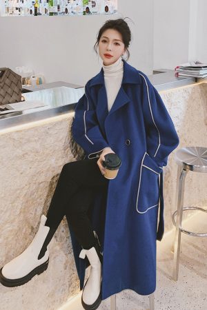 Blue Mid-Length Woolen Coat for Women, Slimming Hepburn Style for Petite Figures, Autumn Winter 2025 Fashion