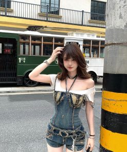 Blue Mood High-End Neck-Hanging Ripped Denim Jumpsuit for Women - Summer Slimming Hot Girl Short Overall