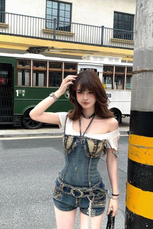 Blue Mood High-End Neck-Hanging Ripped Denim Jumpsuit for Women - Summer Slimming Hot Girl Short Overall
