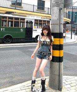 Blue Mood High-End Neck-Hanging Ripped Denim Jumpsuit for Women - Summer Slimming Hot Girl Short Overall