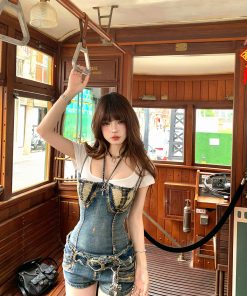 Blue Mood High-End Neck-Hanging Ripped Denim Jumpsuit for Women - Summer Slimming Hot Girl Short Overall