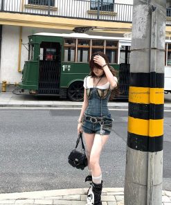 Blue Mood High-End Neck-Hanging Ripped Denim Jumpsuit for Women - Summer Slimming Hot Girl Short Overall