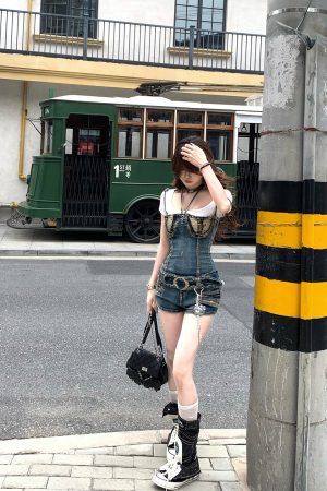 Blue Mood High-End Neck-Hanging Ripped Denim Jumpsuit for Women - Summer Slimming Hot Girl Short Overall