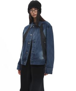 Blue Patchwork Washed Denim Jacket for Women - Trendy Y2K Style with Roaring Beast Design