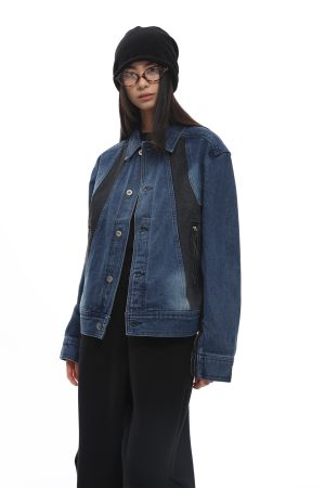 Blue Patchwork Washed Denim Jacket for Women - Trendy Y2K Style with Roaring Beast Design