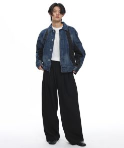 Blue Patchwork Washed Denim Jacket for Women - Trendy Y2K Style with Roaring Beast Design