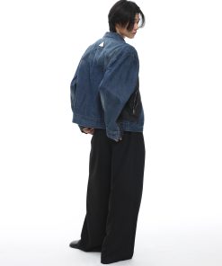 Blue Patchwork Washed Denim Jacket for Women - Trendy Y2K Style with Roaring Beast Design