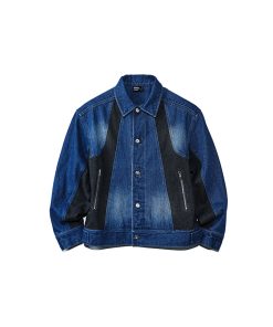 Blue Patchwork Washed Denim Jacket for Women - Trendy Y2K Style with Roaring Beast Design