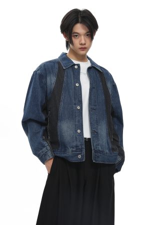 Blue Patchwork Washed Denim Jacket for Women - Trendy Y2K Style with Roaring Beast Design