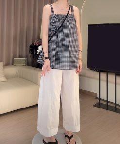 Blue Plaid Camisole and White Casual Pants Two-Piece Set - Stylish Summer Outfit for Women, Perfect for Y2K and Everyday Wear