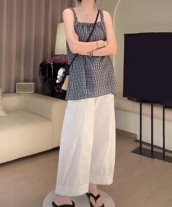 Blue Plaid Camisole and White Casual Pants Two-Piece Set - Stylish Summer Outfit for Women, Perfect for Y2K and Everyday Wear