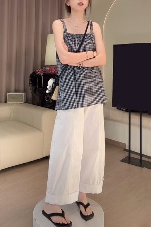 Blue Plaid Camisole and White Casual Pants Two-Piece Set - Stylish Summer Outfit for Women, Perfect for Y2K and Everyday Wear