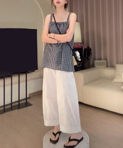 Blue Plaid Camisole and White Casual Pants Two-Piece Set - Stylish Summer Outfit for Women, Perfect for Y2K and Everyday Wear