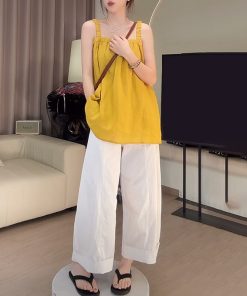 Blue Plaid Camisole and White Casual Pants Two-Piece Set - Stylish Summer Outfit for Women, Perfect for Y2K and Everyday Wear