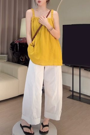 Blue Plaid Camisole and White Casual Pants Two-Piece Set - Stylish Summer Outfit for Women, Perfect for Y2K and Everyday Wear